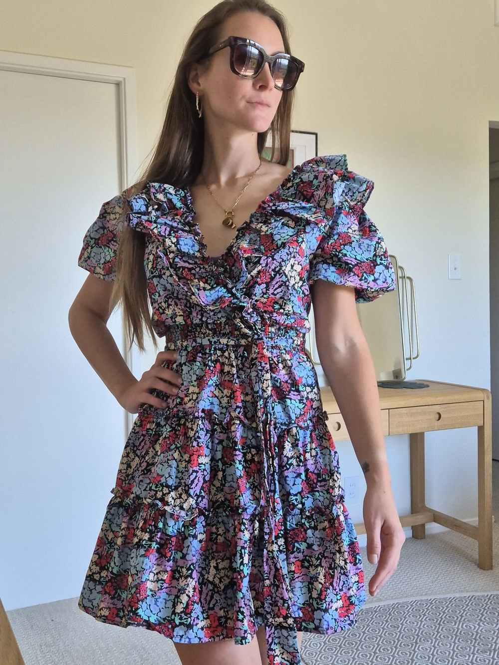 Tiered Puff Sleeve Floral Hydrangea Ruffle Mini Dress  L